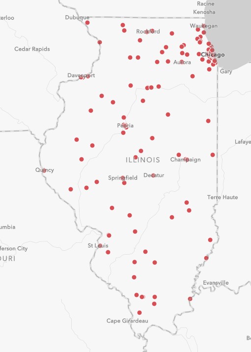 Screenshot of Interact COVID-19 Map of Illinois Humanities Emergency Relief Grants