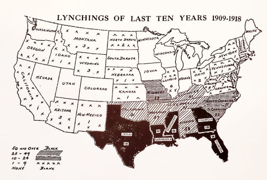 Density map of US showing lynchings from 1909 - 1918