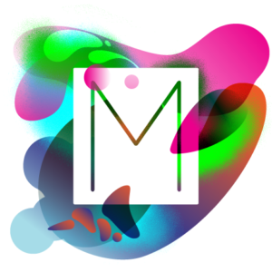 colorful letter M inside a white square surrounded by a splash of colors