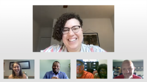 Tiled images of six individuals speaking over video conferencing