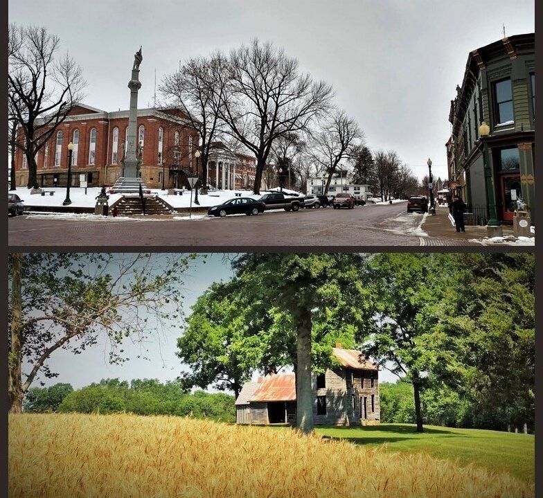 two images of buildings in rural Illinois
