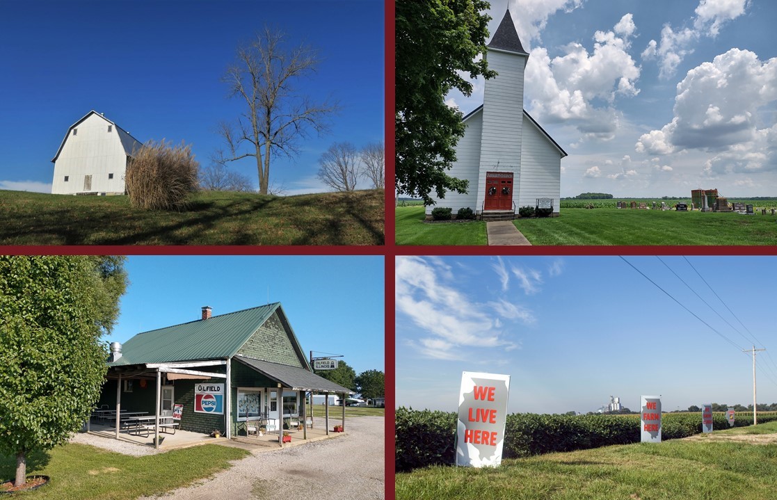 Four different images of buildings and signs in rural Illinois
