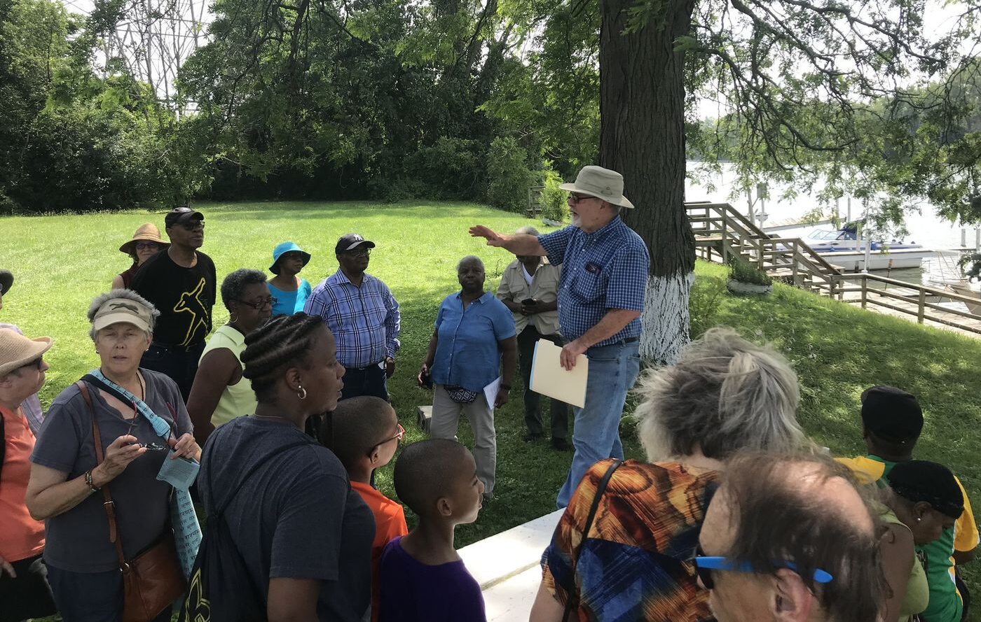 Larry McClellan leading a July 2019 tour at Chicago’s Finest Marina, the site of the former Ton farm. (Photo credit Ted Slowik, Daily Southtown)