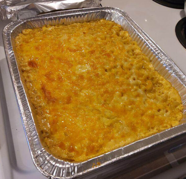 Baked mac and cheese in an aluminum pan