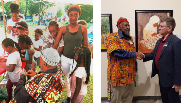 Two images in a collage. On the left, a group of adults and children socialize at a Juneteenth celebration. On the right, a member of the Garvey Tubman Cultural Arts Center shakes hands with the mayor in front of a wall of art.