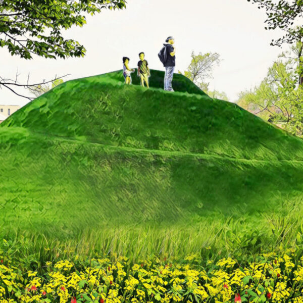 An artful rendering of a lush green coil mound, a family stands on top and looks out over the field