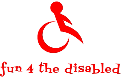 icon of person in a wheel chair with the words "fun 4 the disabled" under it all in red