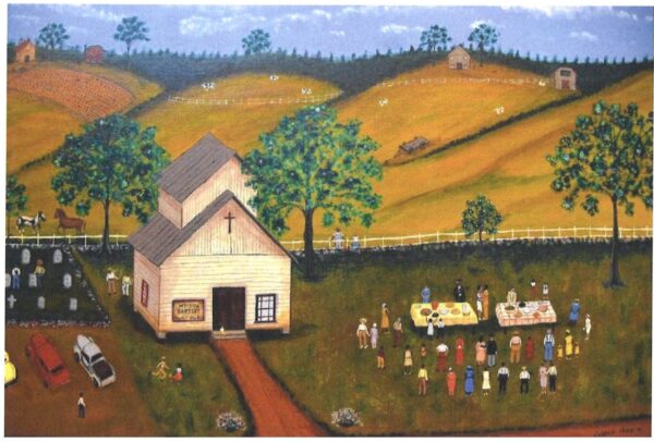 painting of a church with people gathered in the grass next to it around two picnic tables