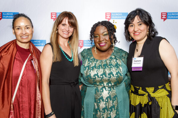 2023 Public Humanities Awards honorees Rebecca Ginsburg, Alyson Thompson, Tracie D. Hall, and Stephanie Manriquez at the 2023 Public Humanities Awards celebration at City Hall/Recess in Chicago